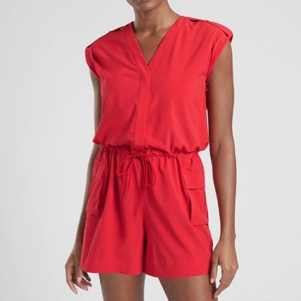 Athleta Sutton V-Neck Cinch Waist Hibiscus Red Romper